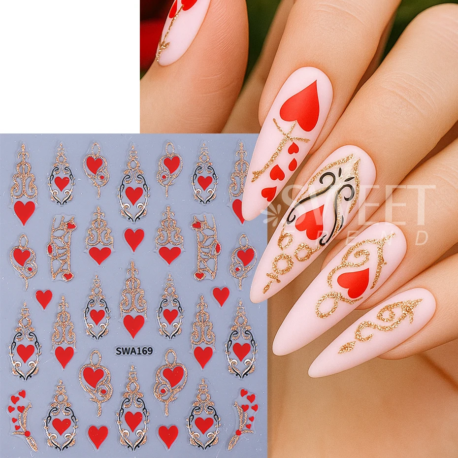 3pcs Valentine's Nail Stickers Red Love Heart Glitter Bronzing Line Self-adhesive Nail Decals Bohemian Style Manicure Decoration