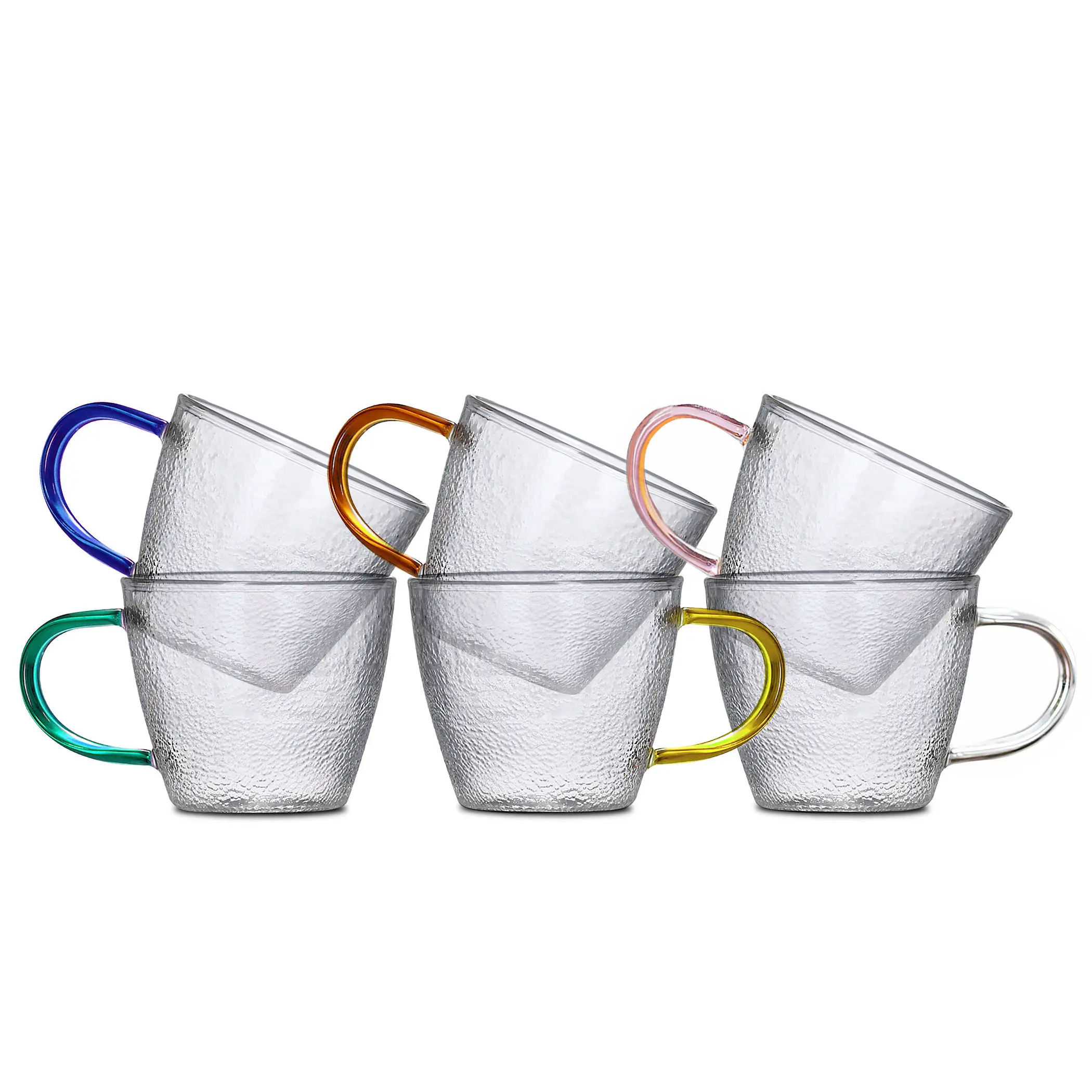 

6PC/Set Small Lattice Texture Glass Main Body Water Teacup Mugs with 6 Colors Grips Set