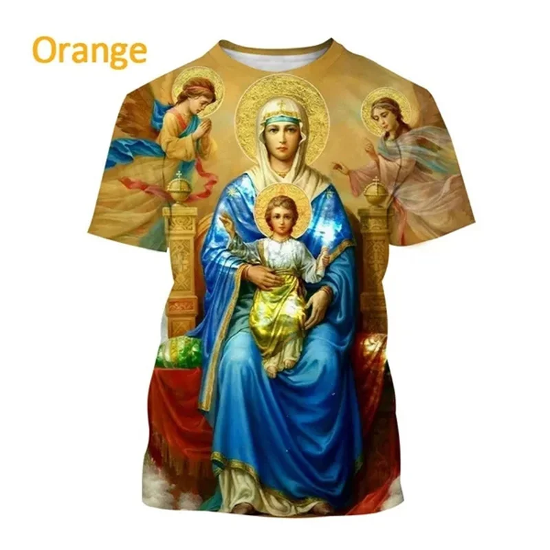 

New Christian Mother Of God Graphic Pop Men T-Shirt 3D Virgin Mary Printed Tee Shirts Women Kids Fashion Short Sleeves Clothes