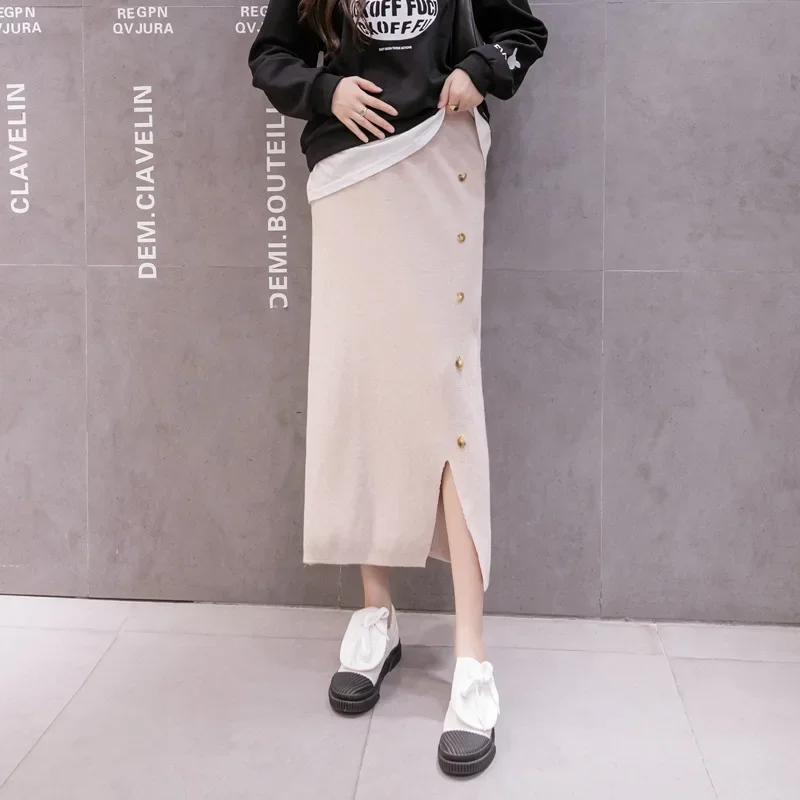 Fashionable Knitted Maternity Skirt Mid-Length Slimming Belly Covering One-Step Split Design Autumn Winter Style Pregnant Women