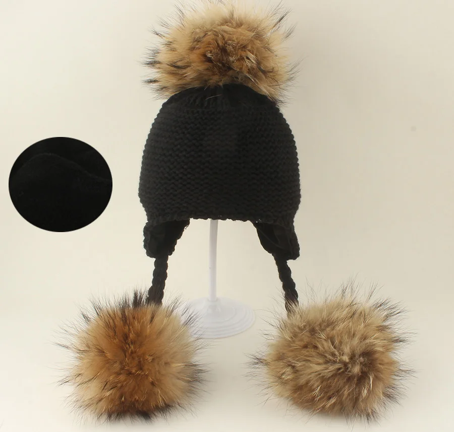 Winter Echtpelz Pompom 3 Ball Hut Warme Samt Futter Gestrickte Mützen Für Kinder Baby Outdoor Feece Kappe Ohr Schutz Hüte – Detail 10