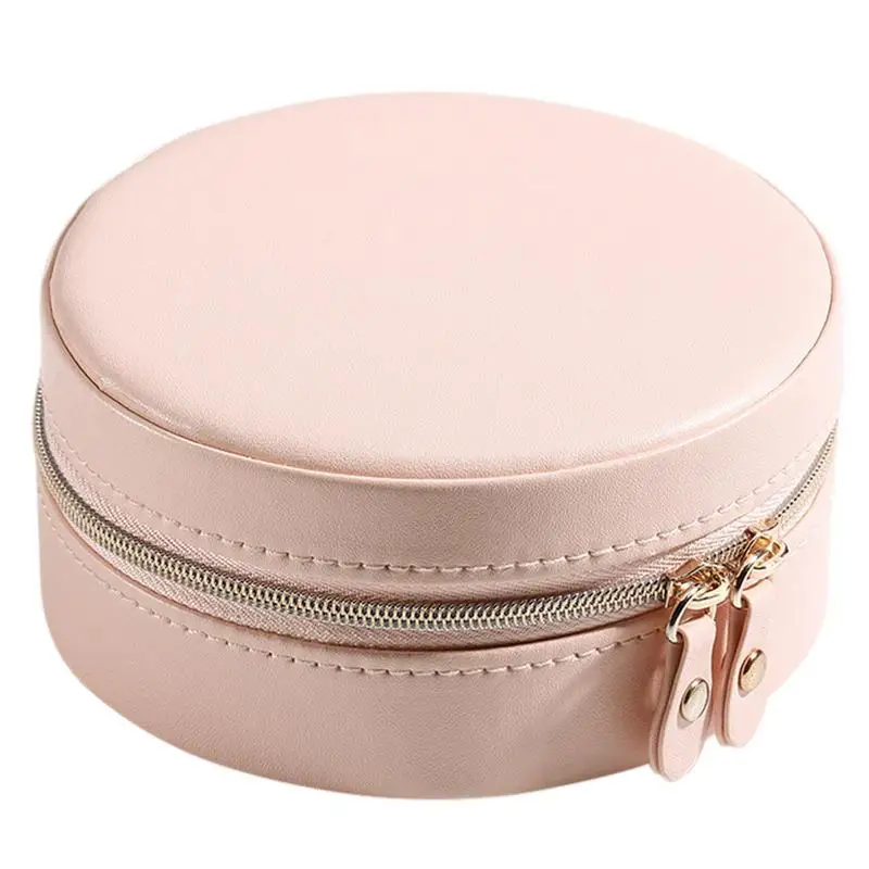 

Travel Jewelry Box Round Jewelry Accessory Storage Case Round PU Leather Jewelry Box Ring Organizer Case With Mirror Inside