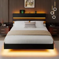 King Size Floating Bed Frame with LED Headboard and Charging Station, Metal Platform Bed Frame with Storage, Remote Control 1