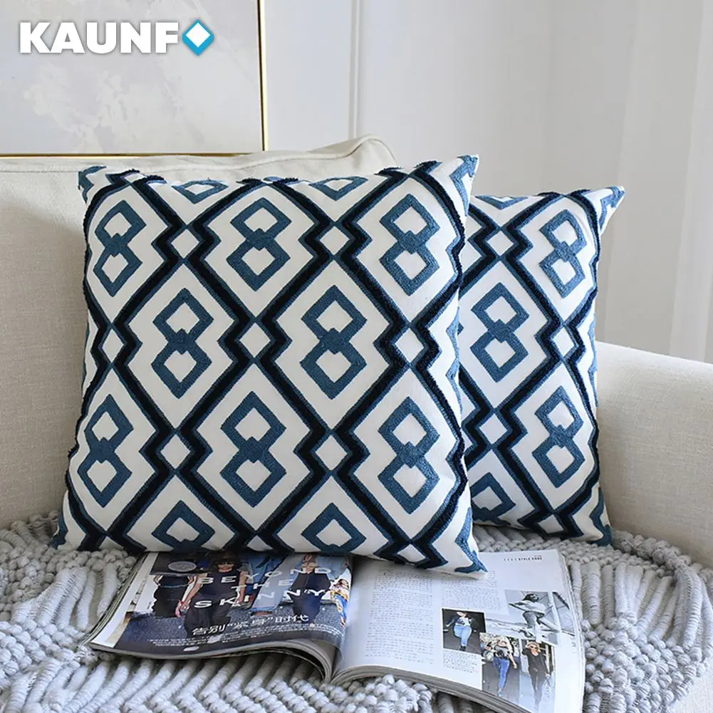

KAUNFO Modern Style Floral Blue Geometric Printed Throw Pillow Cases Sofa Cushion Cover Decorative 45x45cm 1PC