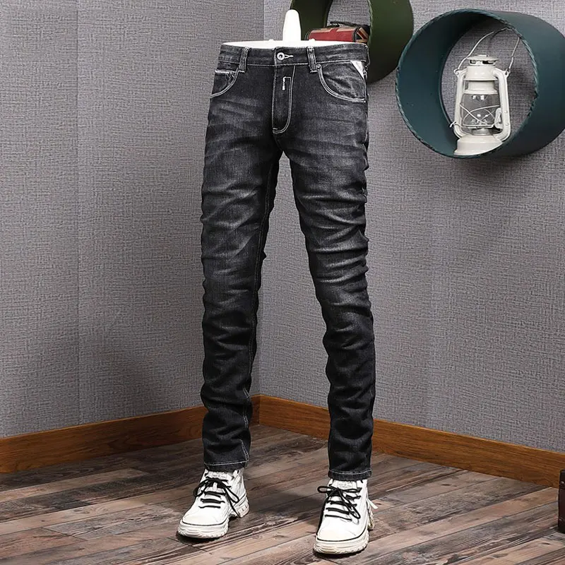 Fashion Vintage Men Jeans High Quality Retro Black Gray Elastic Slim Fit Designer Jeans Men Italian Style Denim Pants Hombre