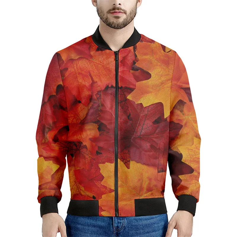 thumbnail image 1 of Chaqueta con estampado 3D de hoja de arce de Canadá para hombres y niños, chaqueta informal con cremallera para la calle, sudadera estilo aviador para primavera y otoño, 1 of 5