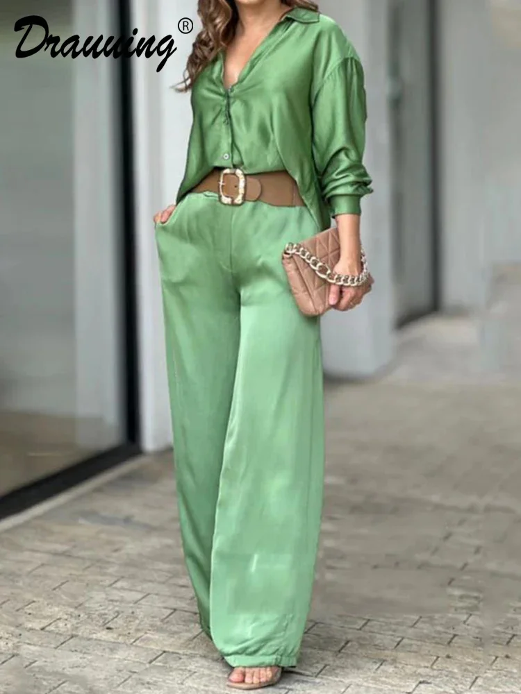 

D​rauuing Grn Blouse And Wide Leg Pant Sets Women Long Slve Blouse Matching Sets Elegant Loose Casual Matching Sets
