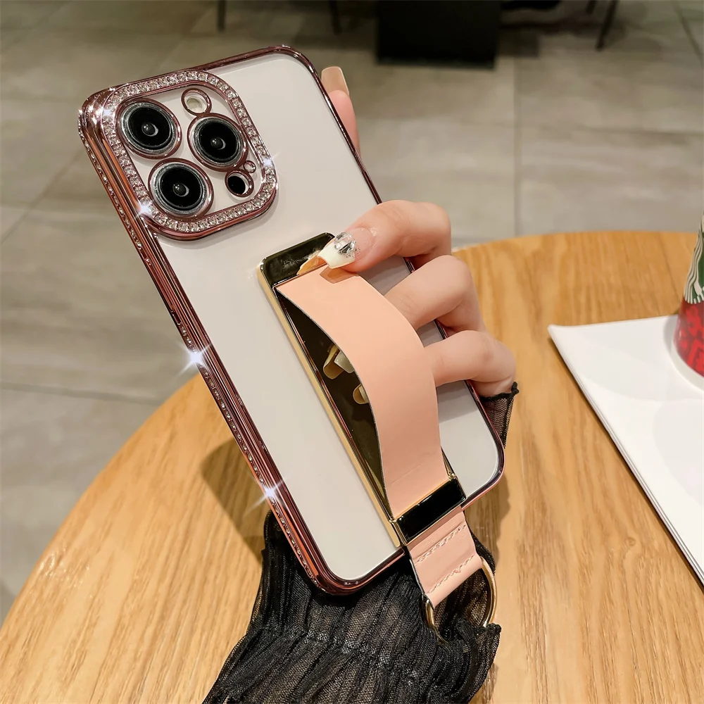 thumbnail image 1 of Wrist Strap Finger Ring Invisible Holder Phone Case for iPhone 14 15 ProMax 12 13 Pro Max 11 Plus Luxury Diamond Plating Cover, 1 of 5