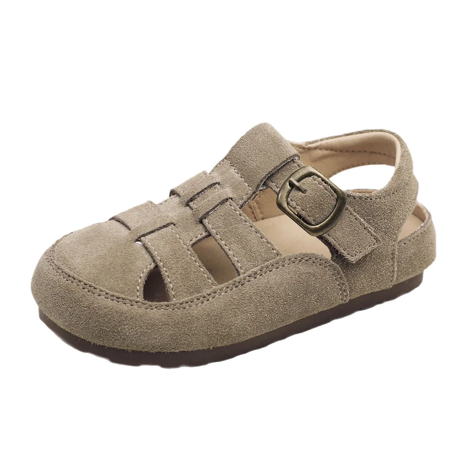 Summer Children Boys Girls Fashion Retro Matte Genuine Leather Hollow Closed Toe Sandals Kids Toddler Soft Sole Sports Sandals