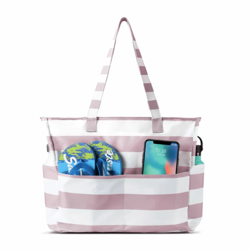Strandtasche mit mehreren Taschen, faltbar, großes Fassungsvermögen, für Fitness, Lebensmittel, Urlaub, sanddicht, mit Reißverschluss, Umhängetasche – Detail 5