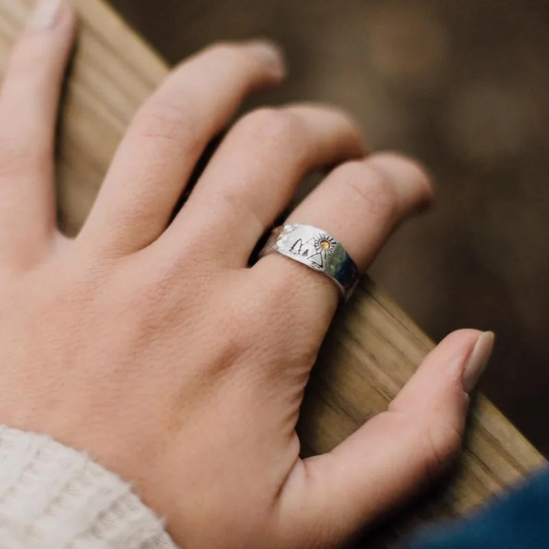 Vintage Nature Landscape Carved Ring for Women Men Adjustable Couple
