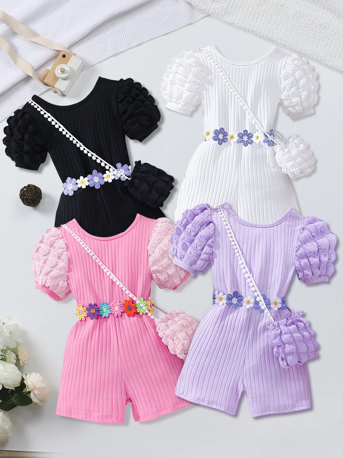 Girls’ Bubble Sleeve Jumpsuit with Bag 1
