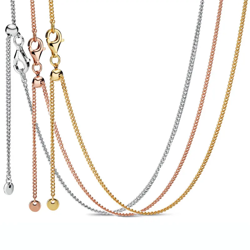 

Authentic 925 Sterling Silver Rose Gold Curb Sliding Clasp Chain Adjust Basic Necklace For Women Bead Charm Diy Fashion Jewelry