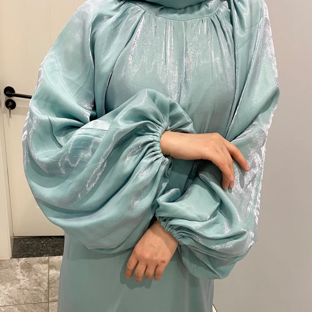 Muslim Lady Abaya Lantern Sleeve Women Long Dress Islamic Middle Eastern Turkey Dubai Jilbab Soft Shiny Ramadan Elegant Kaftan