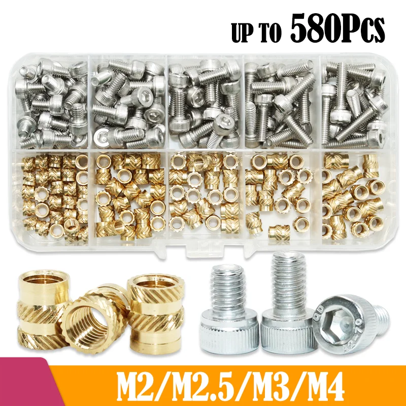 Insert Brass Nut and 304 Stainless Steel Screw Set Knurled Thread Heat Copper Nuts Embed Pressed Fit for 3d printer Plastic Case