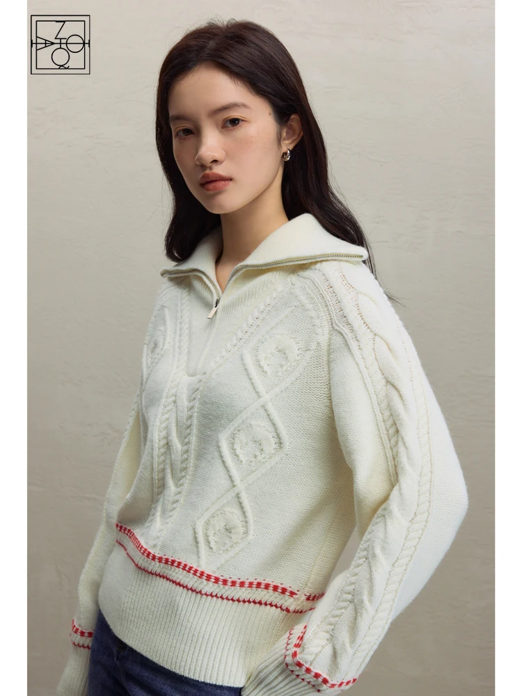 

ZIQIAO Cozy Style Vintage White Sweater for Women 2023 Autumn Winter New Half Zipper Large Lapel Sweater Pullover Female