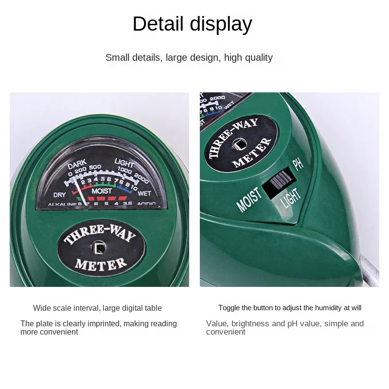 Triple Function Soil Testing Meter for Moisture, Sunlight, and pH Levels Accurately measure soil moisture, sunlight intensity, and pH levels with this 3-in-1 meter, ideal for gardening and plant care. Accurately measure soil moisture, sunlight intensity, and pH levels with this 3-in-1 meter, ideal for gardening and plant care. S4c72e08afc61426cabf3cca9bbcfbf1az -