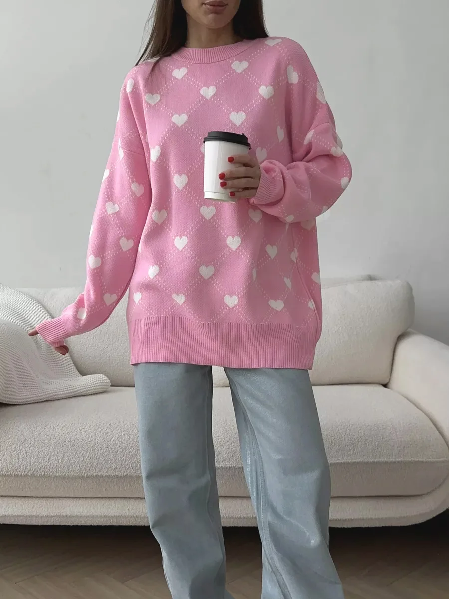 Autumn Printed Knitwear Pullover For Women Casual Patchwork Long Sleeve Contrast Loose Top Clothes Female Knit Pullover