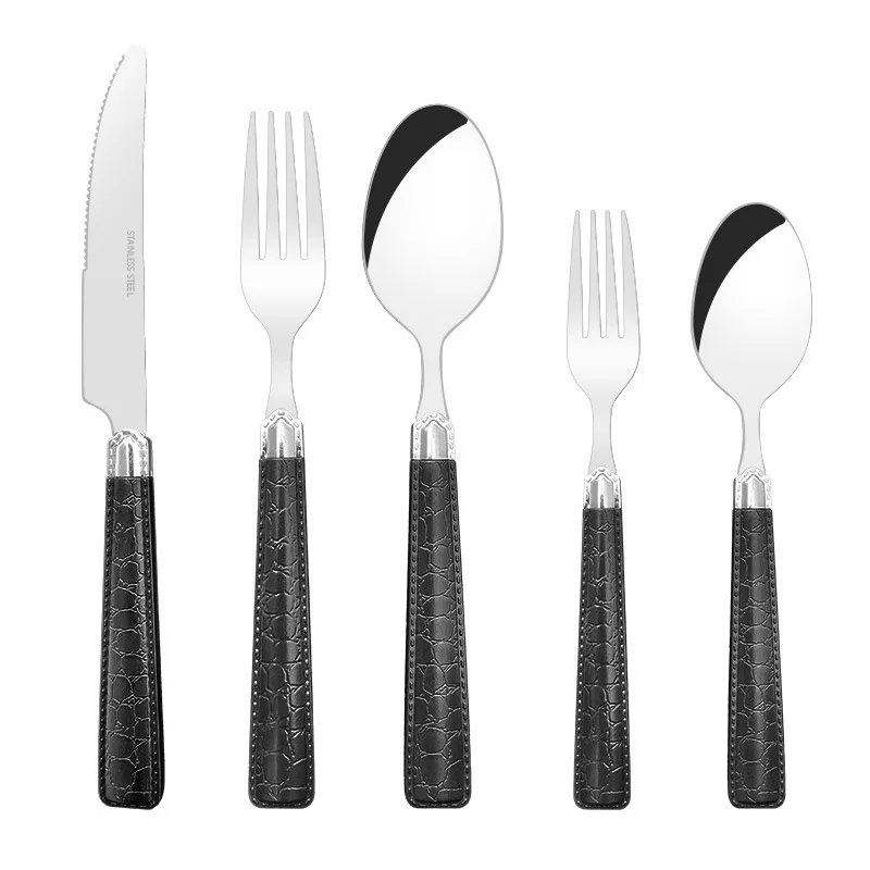 

New Fashion Leather Texture Cutlery Set 5 PCS ABS Metarial Dishwasher Safe Flatware Set For 1 Stainless Steel Tableware