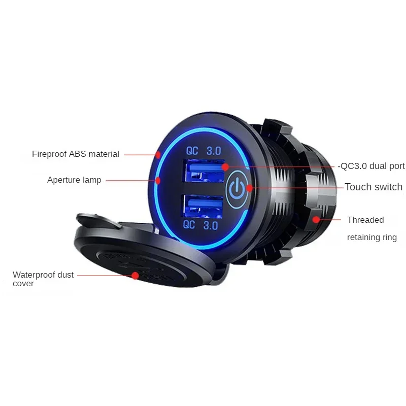 Dual USB Fast Car Charger with Touch Switch & LED Light - Waterproof QC3.0 Power Outlet