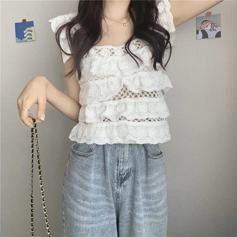 New Square Neck Ruffled Lace Shirt Women's Summer All-match Design Hollow Out Vest Sweet Girls Sleeveless Tank Top