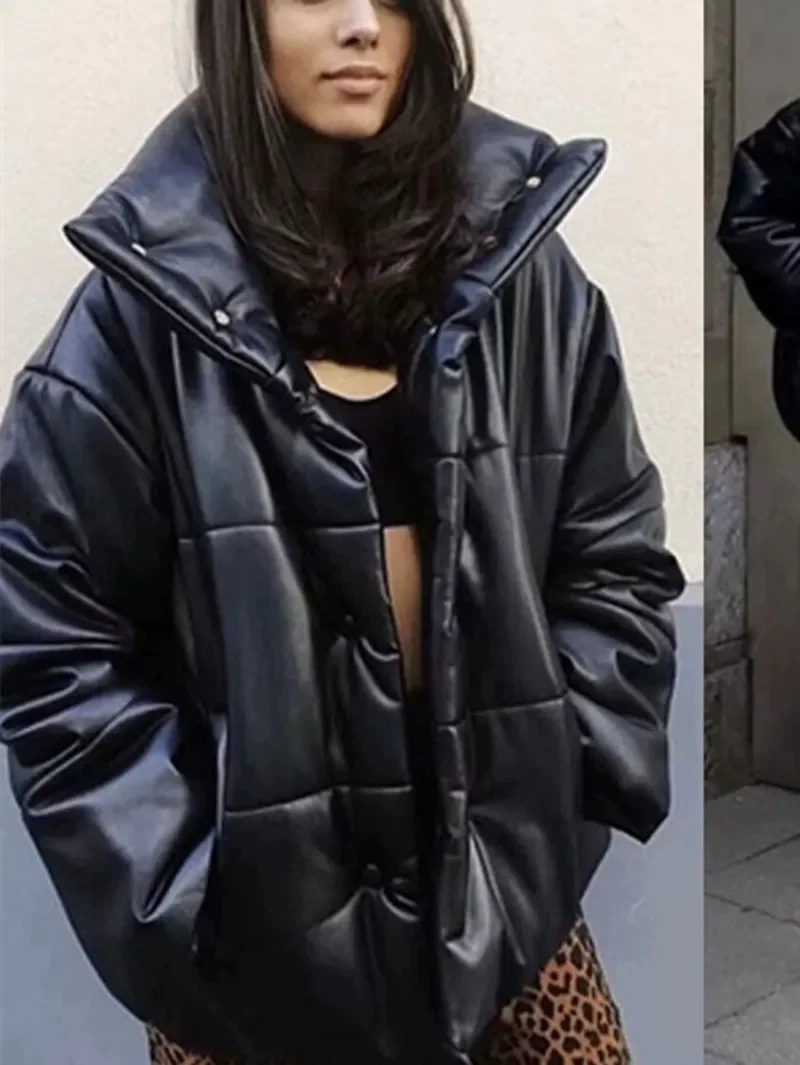 

Jacket for Women 2023 New Fall Winter Faux Leather Single-Breasted Stand Collar Solid Color Versatile Casual Long-Sleeved Coat