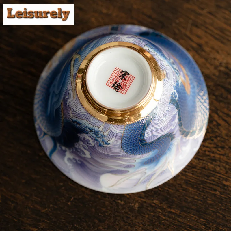 130ML Sheep Fat Jade Porcelain Gaiwan Enamel Colored Blue And White Dragon Palace Tea Tureen Tea Brewing Cover Bowl Tableware