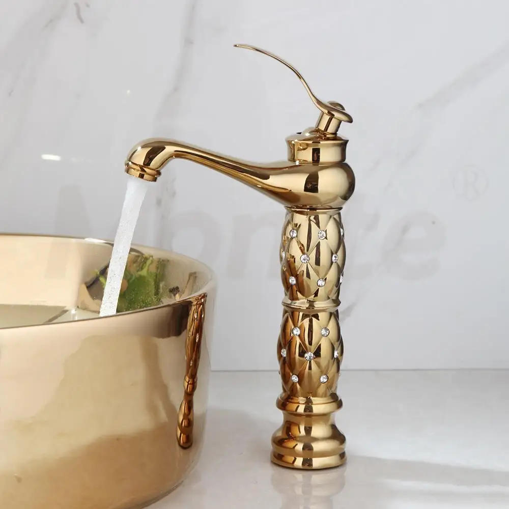 S4c735b2098b149edb1ef81fc316d38f9X Monite Golden Plated Ceramic Round Bathroom Combine Faucet Set Lavatory Washbasin Sink Diamond Setting Mixer Faucet w/ Pop Drain Mallzona