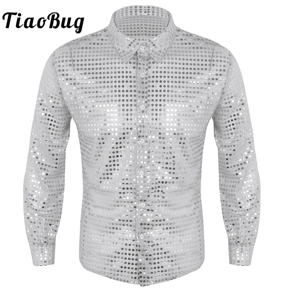 

Mens Shiny Sequin Mesh See Through Long Sleeve Shirts Button Down Party Outfit Rave Clubwear Dance Performance Top Shirt