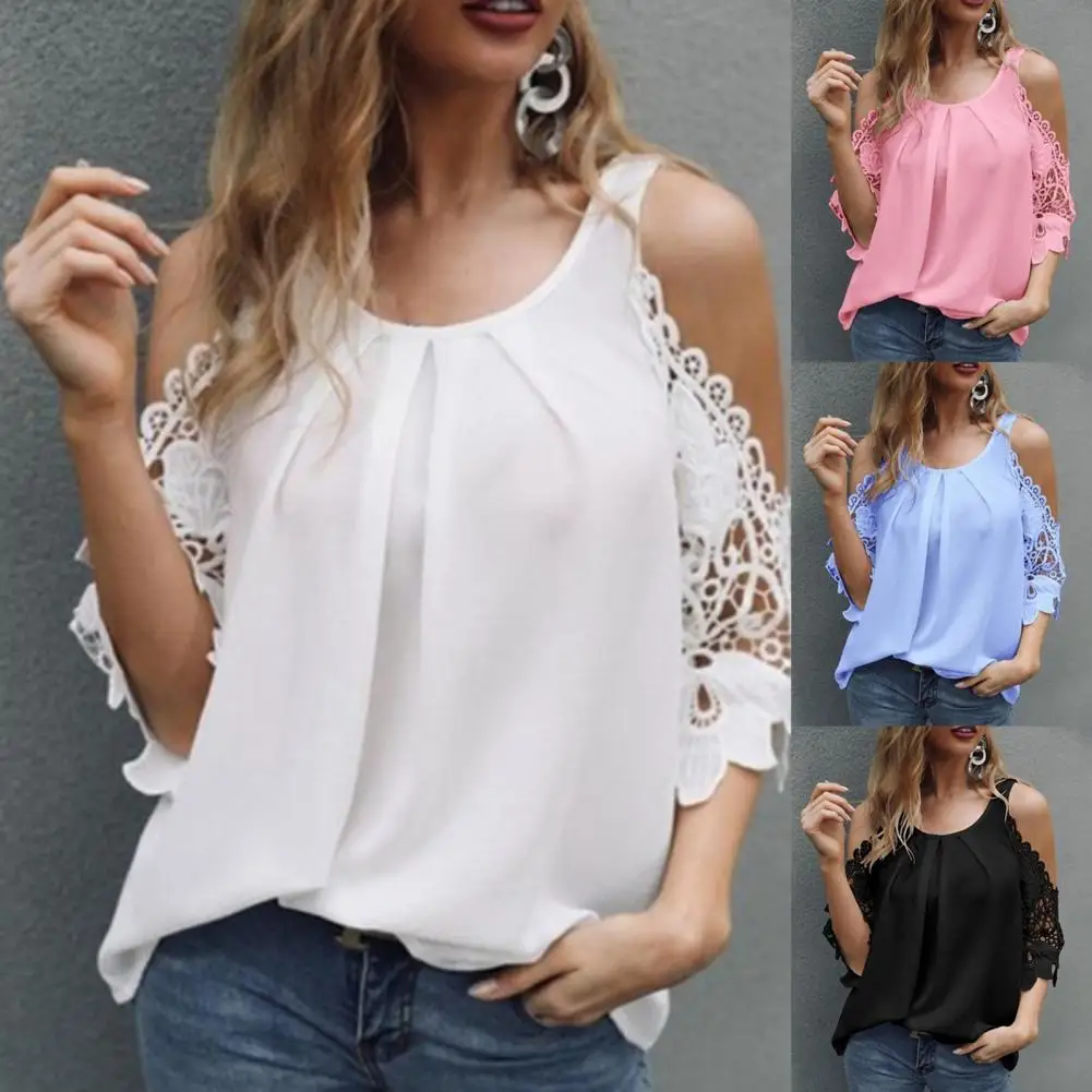 Women Fashion Blouses Lace Bawting Sleeve O Neck Casual All Match Shirts Plus Size M-XXXXL main image 0