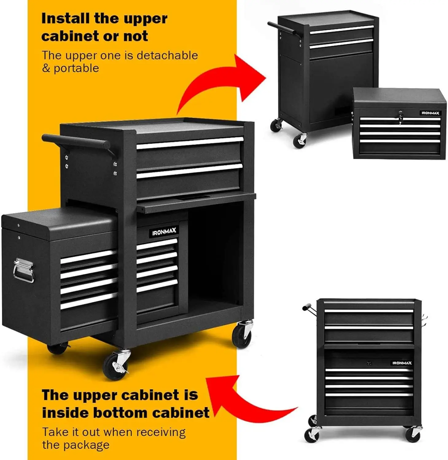6-Drawer Rolling Tool Chest, 3-in-1 Tool Box Organizer w/Auto Locking System & Lockable Wheels & Sliding Drawers &Detachable Top 3