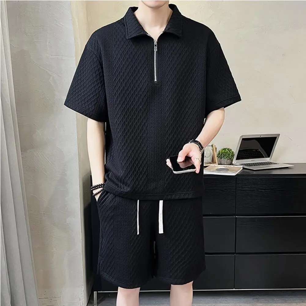 

Gym Outfit Men's Casual Outfit Set Zipper Half Placket T-shirt Drawstring Wide Leg Shorts in Solid Color Waffle Texture Ice Silk