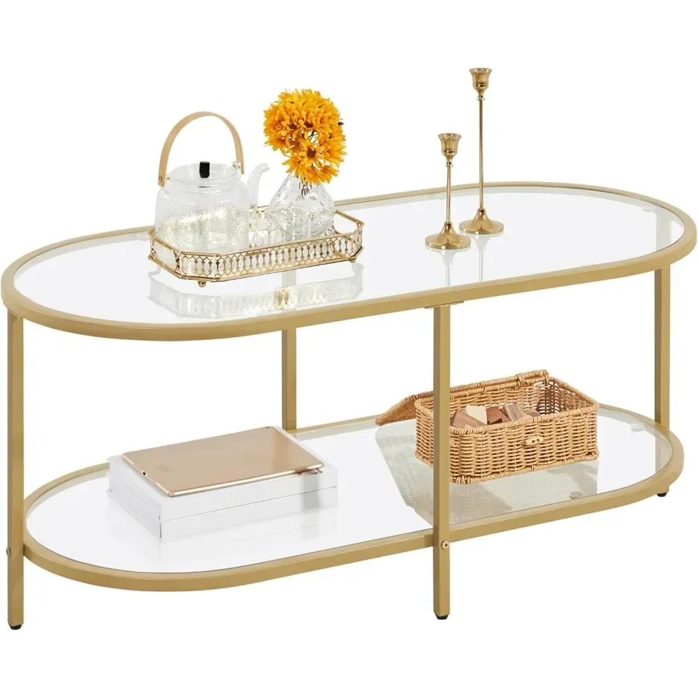 Coffee Table Oval Gold Glass 2-Tier Coffee Table, 42-Inch,   With Storage Shelves and Metal Frame,Living Room Coffee Table 6