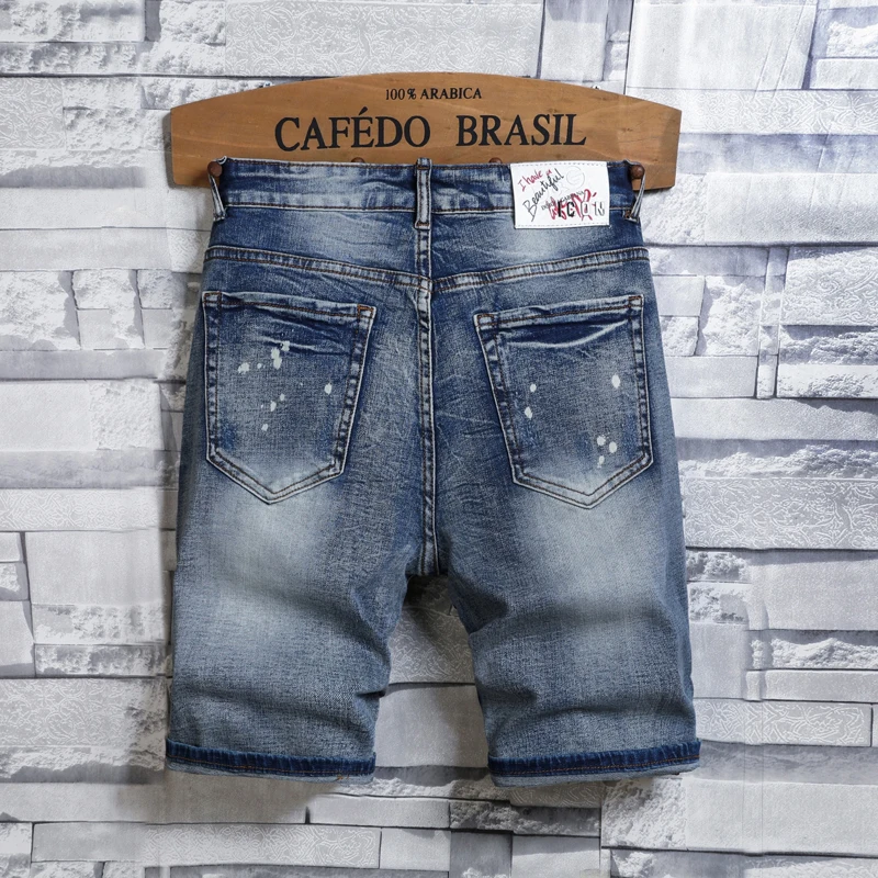 High End Trendy Embroidery With Hole Patches Versatile Men Denim Shorts Straight Fit Elastic Personalized Casual Denim Capris