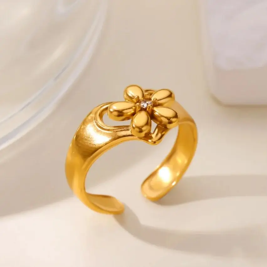 Stainless Steel Flower Ring Women Adjustable
