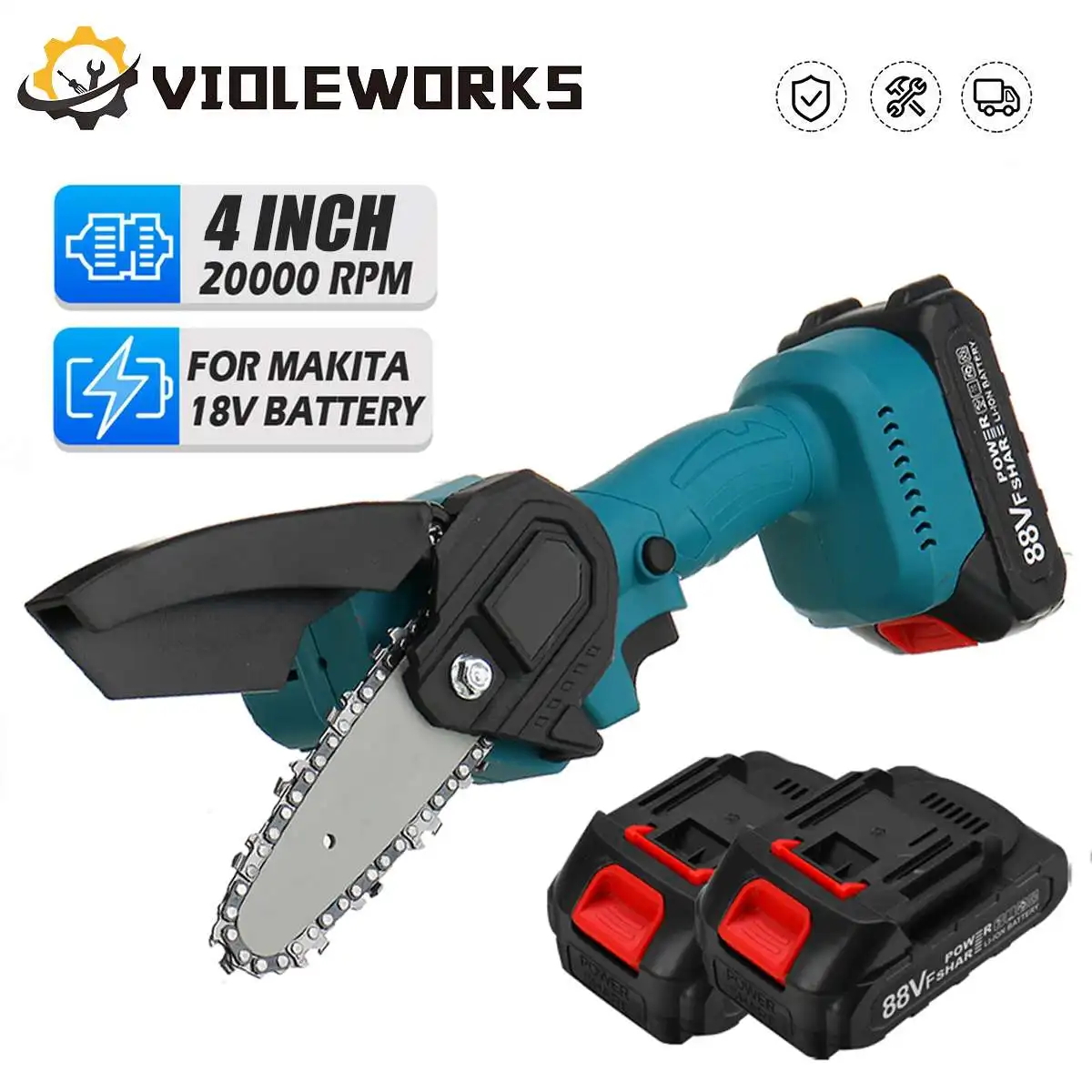 VIOLEWORKS 1200W 4 Inch Mini Electric ChainSaw For Makita 18V Battery Woodworking Pruning ChainSaw One-handed Logging Power Tool