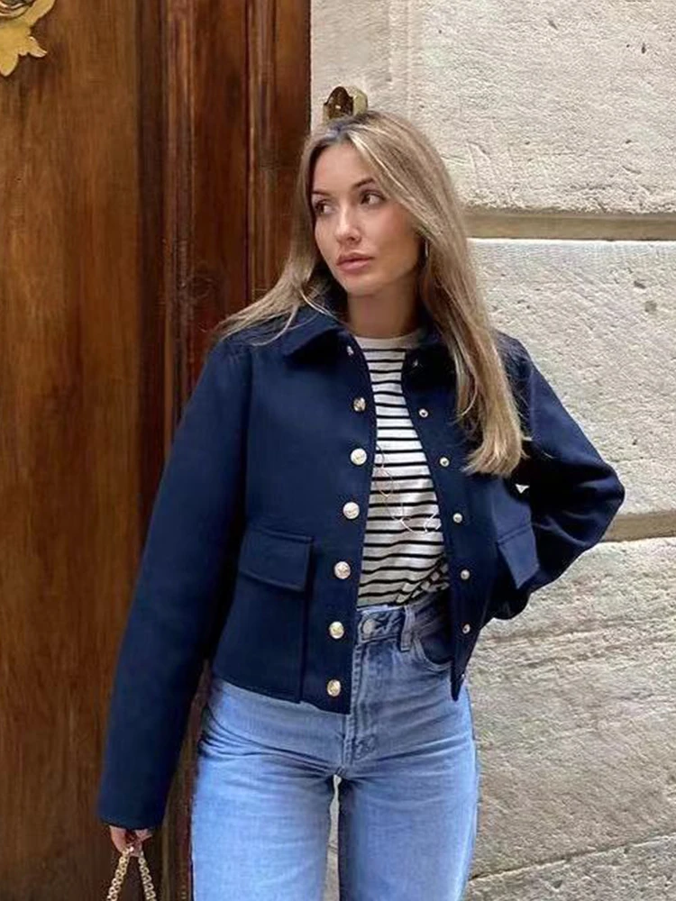 

ZACK RAIN Women Metal Button Pocket Jacket 2023 Retro High Street Casual Turn-down Collar Jogger Coat Loose Female Short Outwear