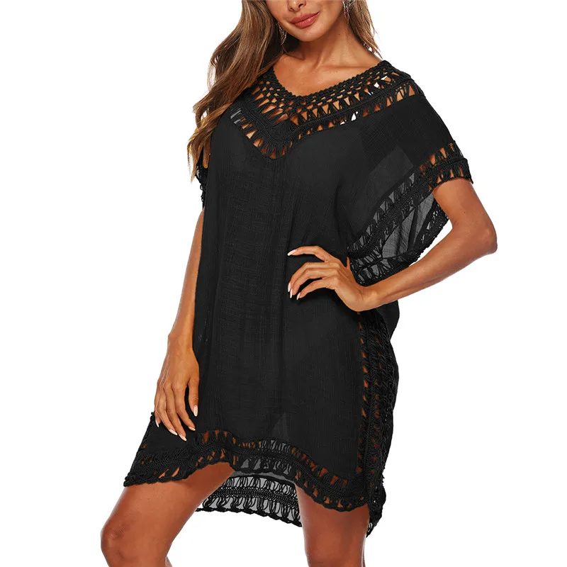 mesh bikini cover up 2021 Sexy Women Loose Beach Dress Tunic Solid Bikini Cover UP Swimsuit Beachwear Swimwear Hollow Out Beach Dress Robe De Plage shein bathing suit cover ups