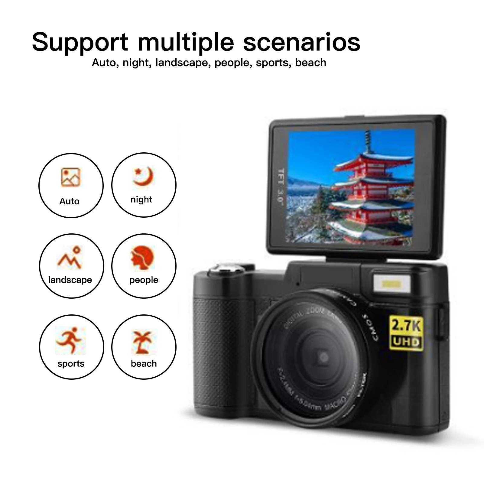 DV 캠코더 디지털 카메라, 고화질 USB 충전, 3 인치 LCD 화면, 180 도 회전, 2.7K 30MP, 2.7K