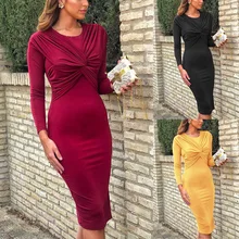 

2019 Autumn and Winter Round Neck Twisted High Waist Slim Mid-length Skirt Dress Women