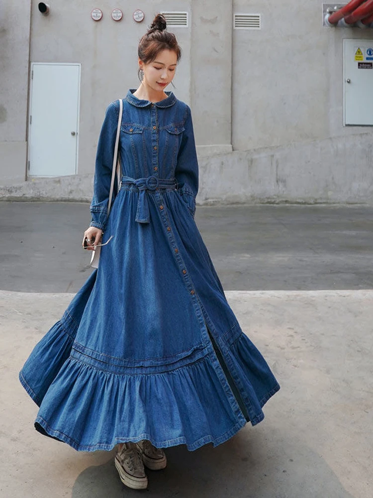

2022 Spring Autumn New Temperament Denim Dress Female Fashion Polo Korean Women's Single-breasted Denim Long Skirt Cheongsam