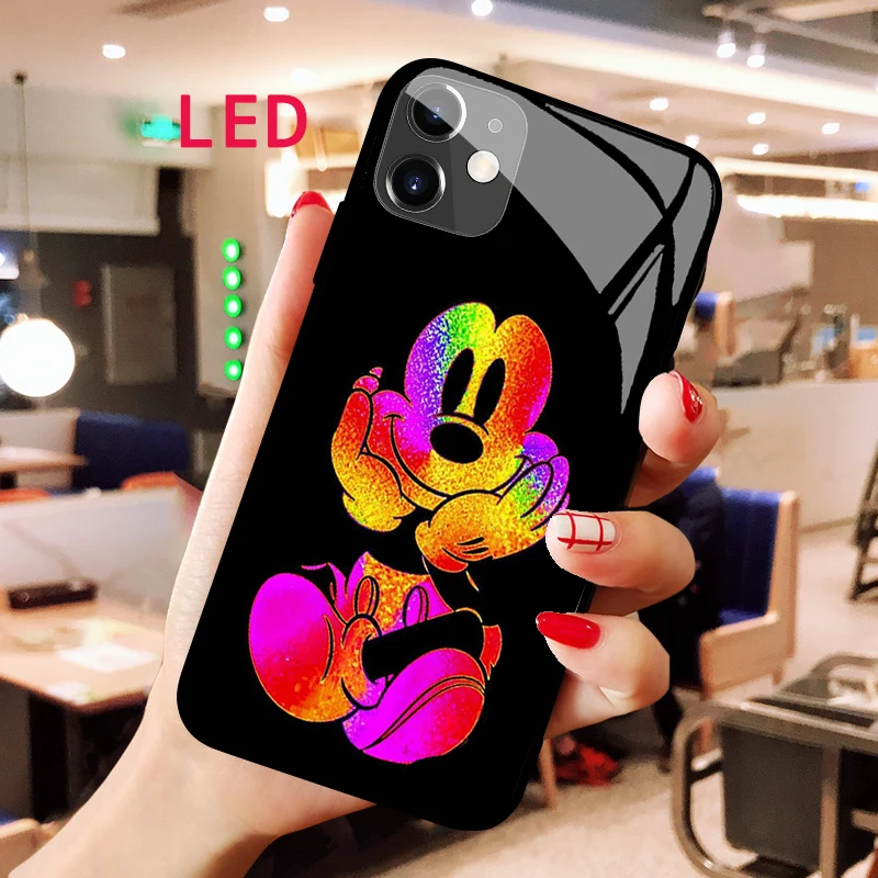 mickey minnie Luminous Tempered Glass phone case For Apple iphone 12 11 Pro Max XS mini Kawaii Protect LED Backlight new cover противоударный чехол king kong anti shock для iphone 12 mini прозрачный