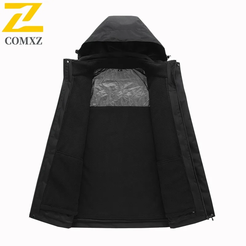 COMXZ Men Windbreaker Detachable 3-in-1 Minimalist Hooded Outdoor Hiking Camping Coat Big Size Travel Wear Resistant Outerwear