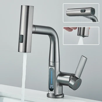 Rubinetto per lavabo con display digitale a temperatura a cascata Sollevare verso il basso Spruzzatore a flusso Miscelatore per lavabo acqua calda fredda Rubinetto per il bagno 1