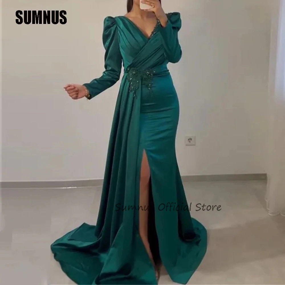 

SUMNUS Green A-Line Satin Evening Party Dresses V-Neck Full Sleeves Prom Dress Front Slit Floor-Length Party Gowns Saudi Arabia