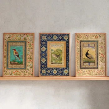 Stampe persane: uccelli e cervi (stampe tradizionali di arte persiana / mughal di dipinti in miniatura) Arte da parete, Decorazioni per la casa senza cornice