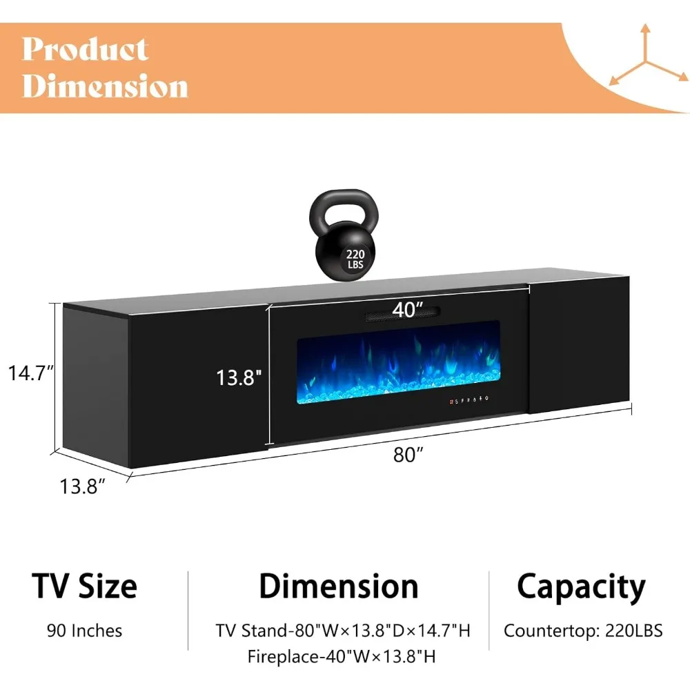 Floating Fireplace TV Stand, Wall Mounted Mirrored Center 40" Electric Fireplace, LED Lights Media Console TVs Up to 90" 6