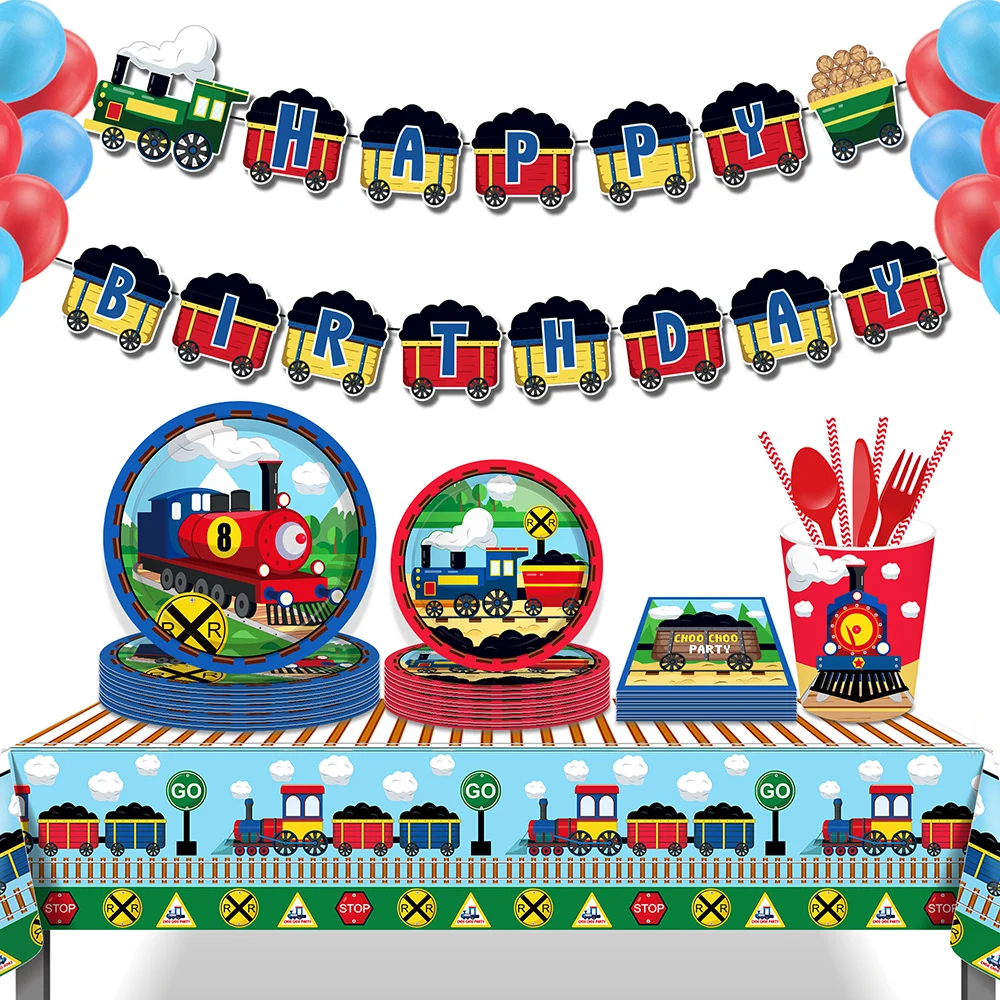 

Cartoon Train Choo Choo Cargo Birthday Party Disposable Tableware Sets Plates Tablecovers Banner Baby Shower Party Decorations