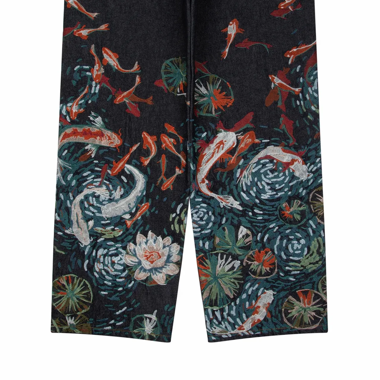 Vintage Black Koi Fish Lotus Embroidered Wide Leg Denim Jeans Y2K Streetwear Oversized Cotton Casual Urban Hip Hop Fashion 6
