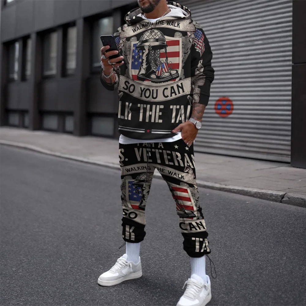 2 Piece Suit Hoodies For Men Autumn 3D Printed Hoodie Happy Veterans Day Festival Men’s Casual Pullover Hooded Sweatshirt Set